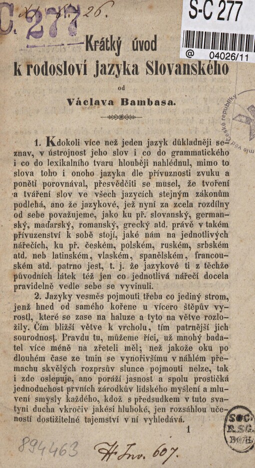 Krátký úvod k rodosloví jazyka Slovanského