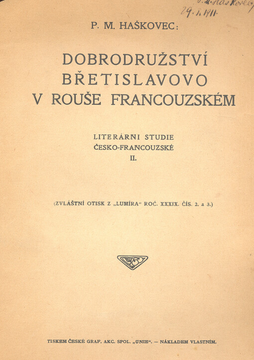 Dobrodružství Břetislavovo v rouše francouzském : literární studie česko-francouzské. II.