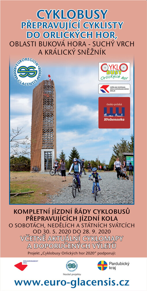 Cyklobusy přepravující cyklisty do Orlických hor : oblasti Buková hora - Suchý vrch a Králický Sněžník
