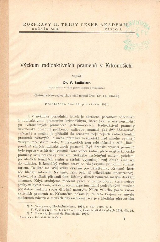 Výzkum radioaktivních pramenů v Krkonoších /