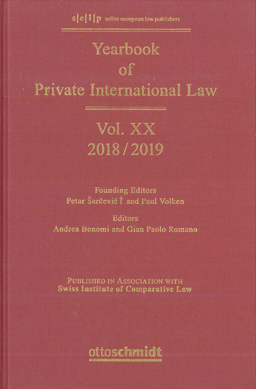 Yearbook of private international law. Volume XX - 2018/2019