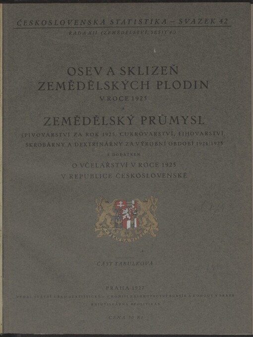 Osev a sklizeň zemědělských plodin v roce 1925 a zemědělský průmysl: [pivovarství za rok 1925, cukrovarství a lihovarství za výrobní období od 1. září 1924 do 31. srpna 1925, škrobárny a dextrinárny za výrobní období od 1. října 1924 do 30. září 1925] : s dodatkem o včelařství v roce 1925 v republice Československé