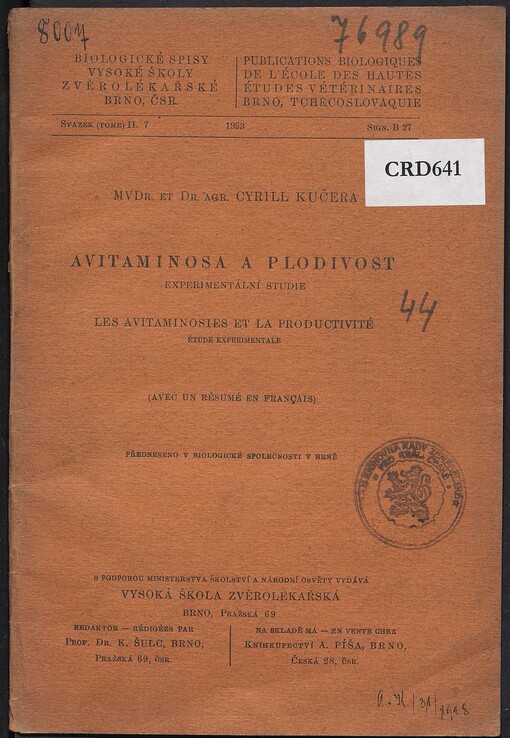 Avitaminosa a plodivost: Experimentální studie