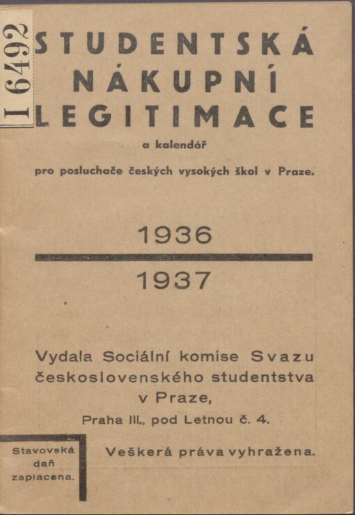 Studentská nákupní legitimace a kalendář pro posluchače českých vysokých škol v Praze: 1936-1937
