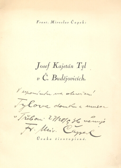 Josef Kajetán Tyl v Č. Budějovicích: úvaha životopisná