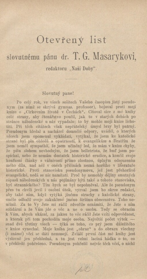Otevřený list slovutnému pánu T.G. Masarykovi, redaktoru 