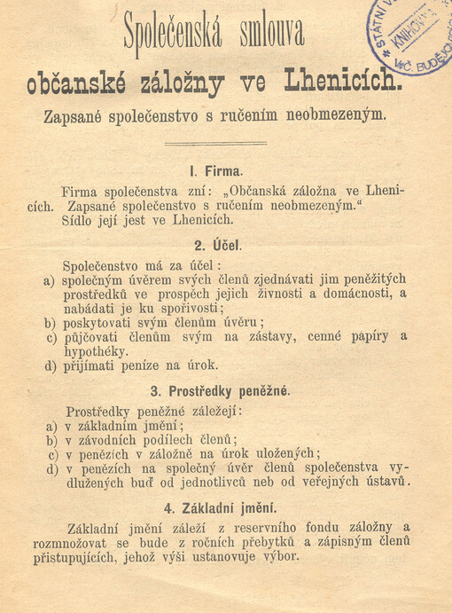 Společenská smlouva občanské záložny ve Lhenicích : zapsané společenstvo s ručením neobmezeným