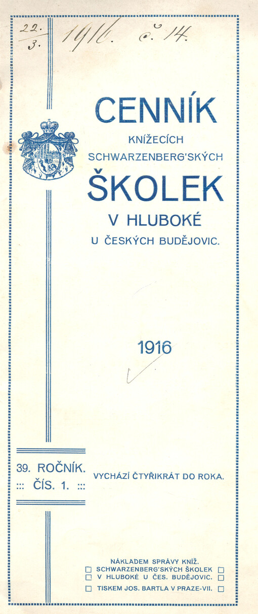 Cenník knížecích Schwarzenberských školek v Hluboké u Českých Budějovic