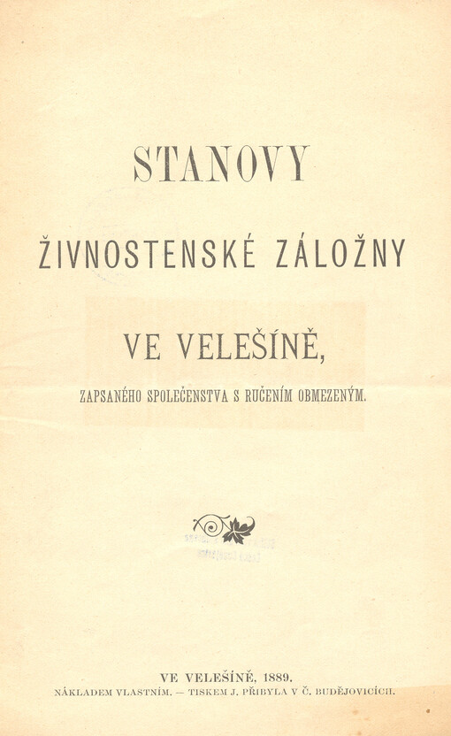 Stanovy živnostenské záložny ve Velešíně, zapsaného společenstva s ručením obmezeným