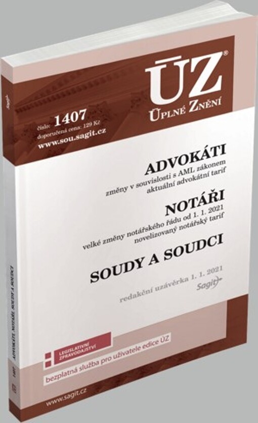 Advokáti : změny v souvislosti s AML zákonem, aktuální advokátní tarif ; Notáři : velké změny notářského řádu od 1.1.2021, novelizovaný notářský tarif ; Soudy a soudci : redakční uzávěrka 1.1.2021