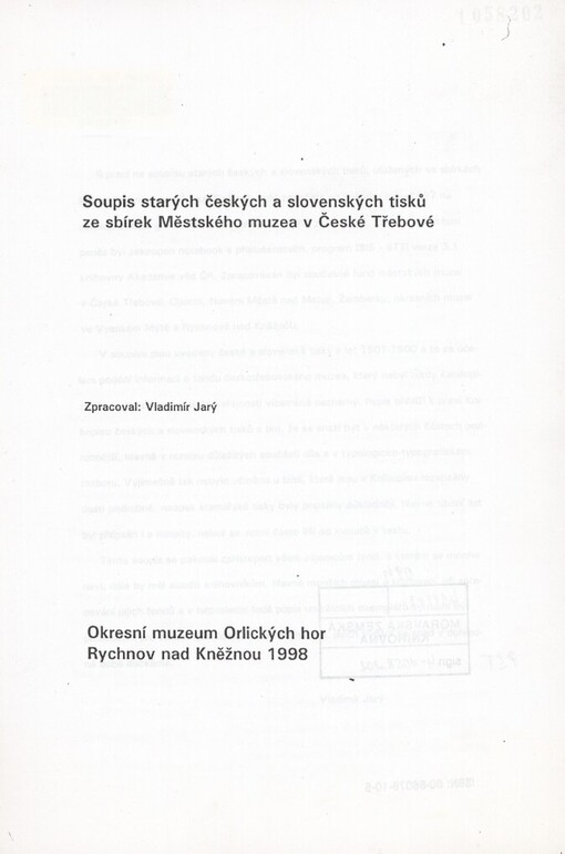 Soupis starých českých a slovenských tisků ze sbírek Městského muzea v České Třebové