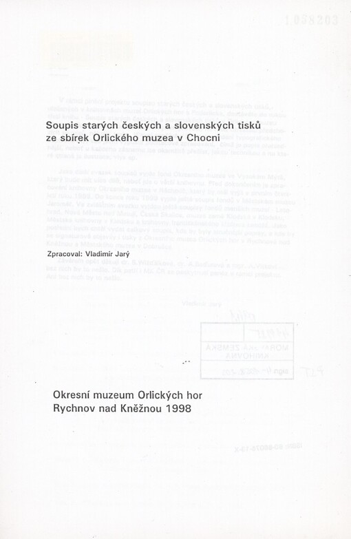 Soupis starých českých a slovenských tisků ze sbírek Orlického muzea v Chocni