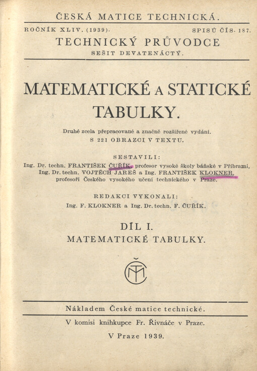 Matematické a statické tabulky. Díl 1, Matematické tabulky