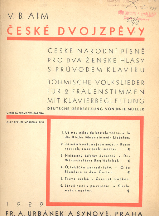 České dvojzpěvy české národní písně pro dva ženské hlasy s průvodem klavíru = Böhmische Volkslieder für 2 Frauenstimmen mit Klavierbegleitung