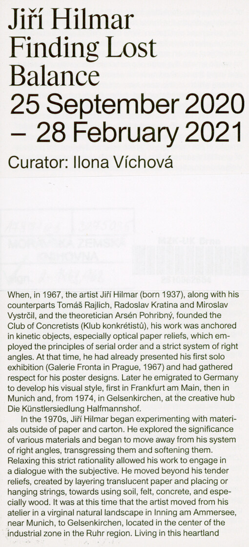 Jiří Hilmar : finding lost balance : 25 September 2020 - 28 February 2021