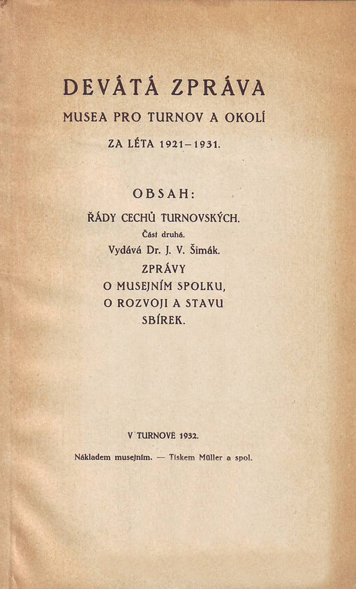 Devátá zpráva musea pro Turnov a okolí za léta 1921-1931