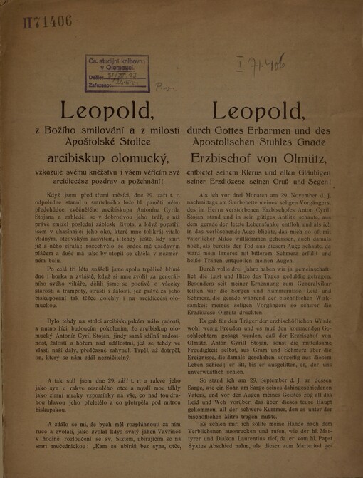 Z Božího smilování a z milosti Apoštolské Stolice arcibiskup olomoucký Leopold Prečan: pastýřský list = Leopold durch Gottes Erbarmen und des Apostolischen Stuhles Gnade Erzbischof von Olmütz : Hirtenbrief