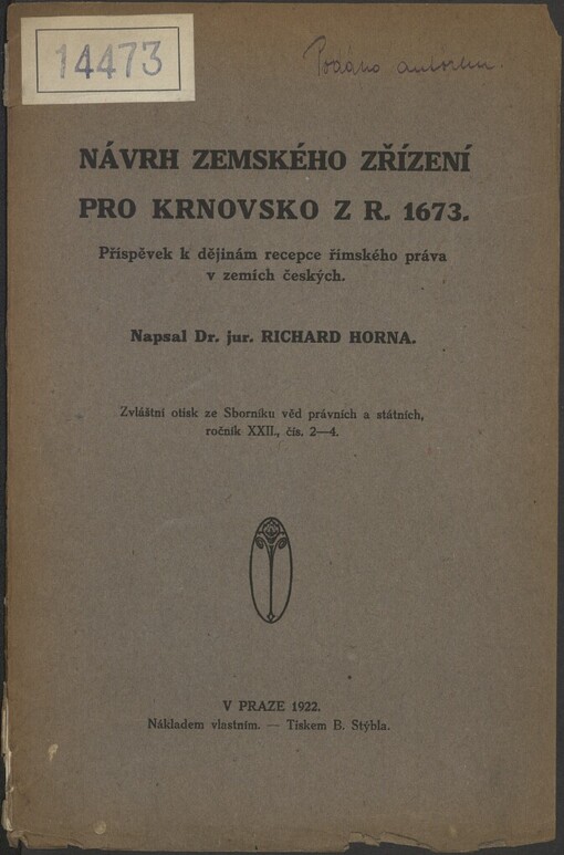 Návrh zemského zřízení pro Krnovsko z r. 1673: příspěvek k dějinám recepce římského práva v zemích českých