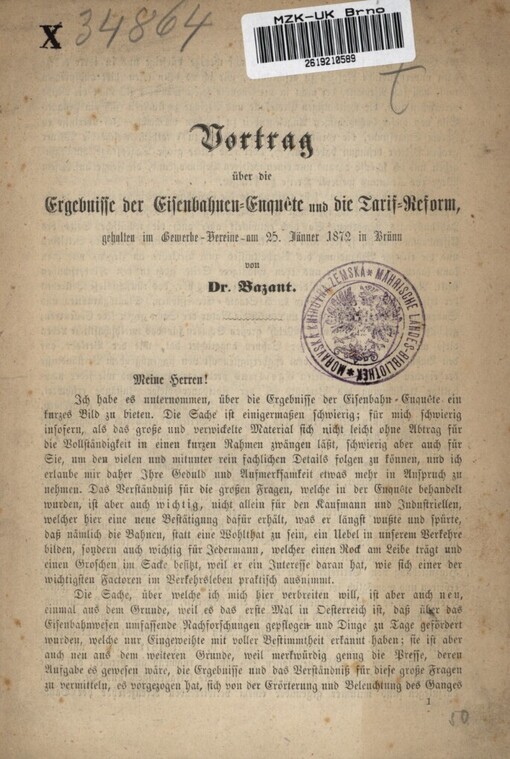Vortrag über die Ergebnisse der Eisenbahnen-Enguete und die Tarif-Reform, gehalten im Gewerbe-Vereine am 25. Jänner 1872 in Brünn