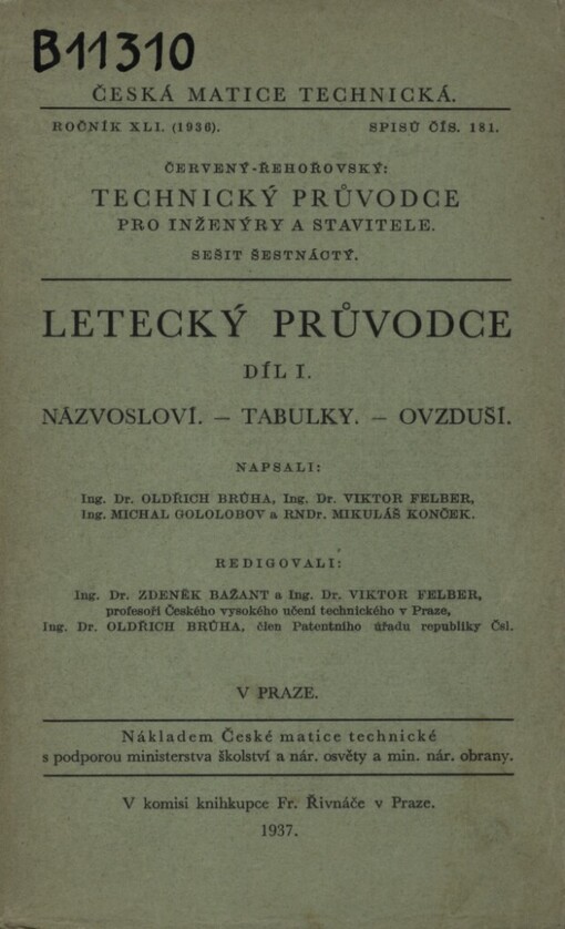Technický průvodce pro inženýry a stavitele. Sešit šestnáctý, Letecký průvodce. Díl I, Názvosloví. Tabulky. Ovzduší
