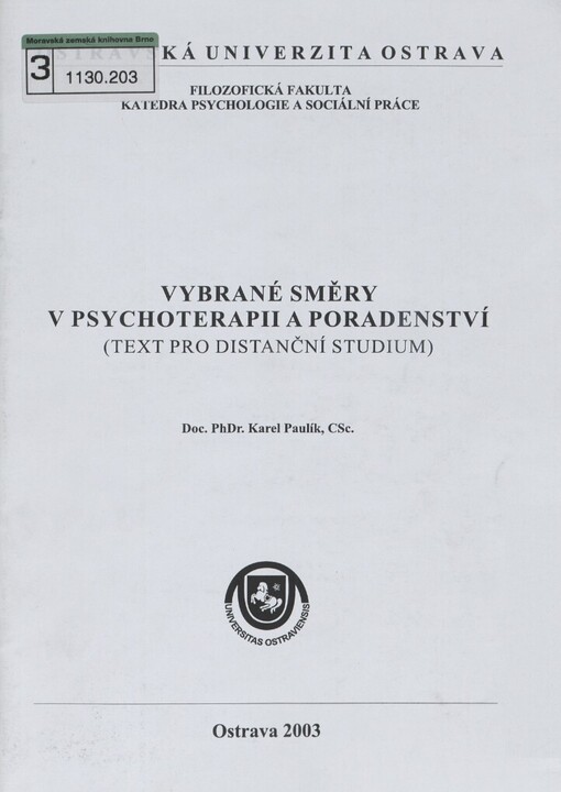 Vybrané směry v psychoterapii a poradenství :(text pro distanční studium)