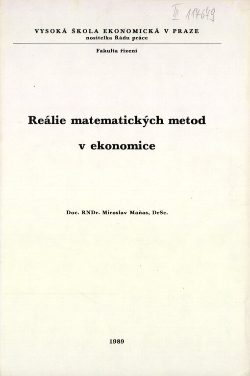 Reálie matematických metod v ekonomice :určeno pro stud. fak. řízení