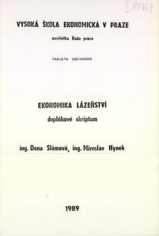 Ekonomika lázeňství :doplňkové skriptum : pro posl. fak. obchodní