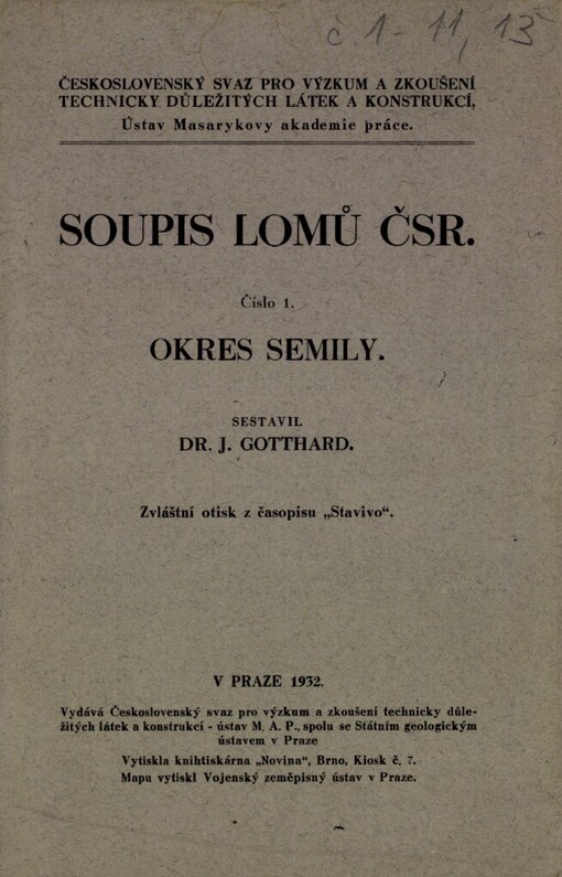 Soupis lomů ČSR.[Číslo 1],Okres Semily