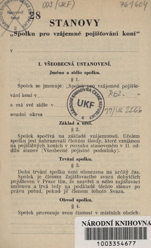 Stanovy Spolku pro vzájemné pojišťování koní v