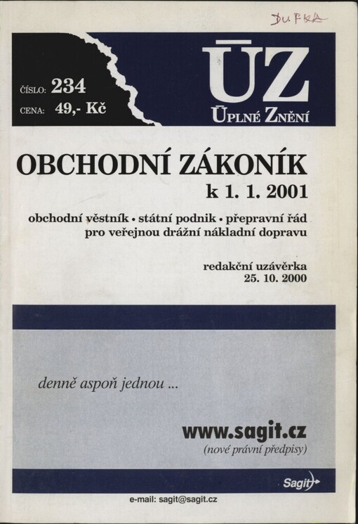 Obchodní zákoník: obchodní věstník, státní podnik, přepravní řád pro veřejnou drážní nákladní dopravu : k 1.1.2001