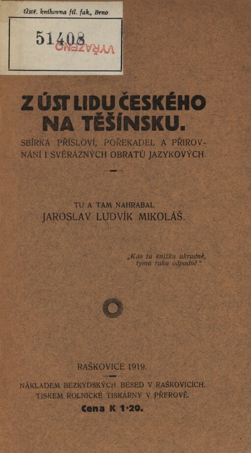 Z úst lidu českého na Těšínsku :Sbírka přísloví, pořekadel a přirovnání i svérázných obratů jazykových