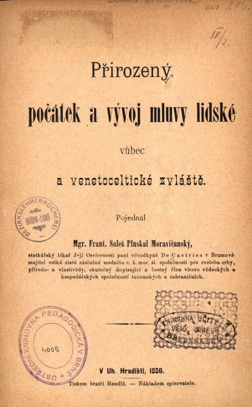 Přirozený počátek a vývoj mluvy lidské vůbec a venetoceltické zvláště