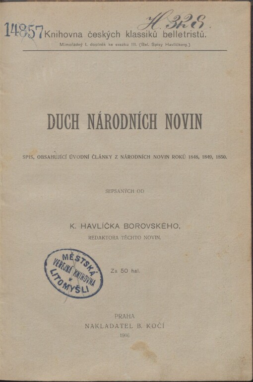 Duch Národních novin: spis, obsahující úvodní články z Národních novin roků 1848, 1849, 1850