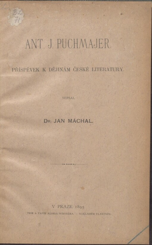 Ant. J. Puchmajer: příspěvek k dějinám české literatury