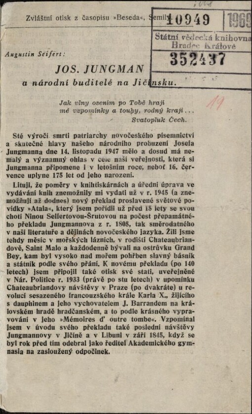 Jos. Jungman a národní buditelé na Jičínsku