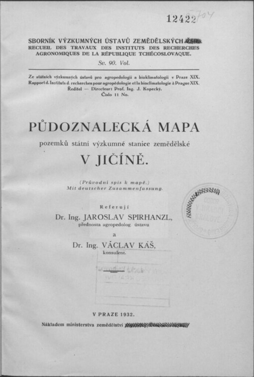 Půdoznalecká mapa pozemků státní výzkumné stanice zemědělské v Jičíně :(průvodní spis k mapě)