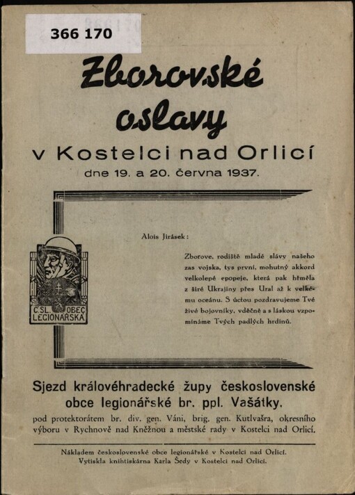 Oslavy 20. výročí bitvy u Zborova a sjezd královéhradecké župy Československé obce legionářské br. ppl. K. Vašátky v Kostelci nad Orlicí ve dnech 19. a 20. června 1937