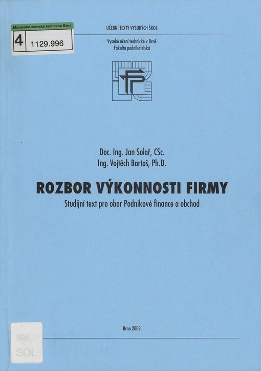 Rozbor výkonnosti firmy: studijní text pro obor Podnikové finance a obchod