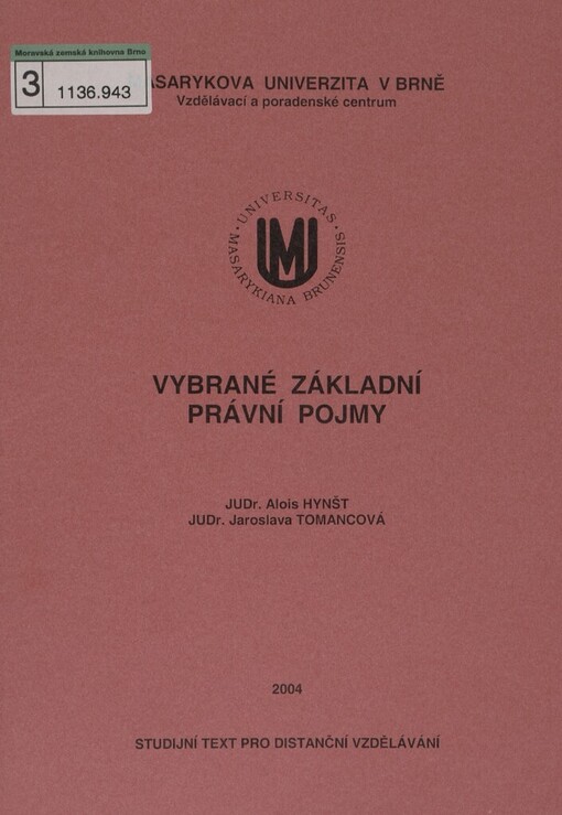 Vybrané základní právní pojmy: studijní text pro distanční vzdělávání
