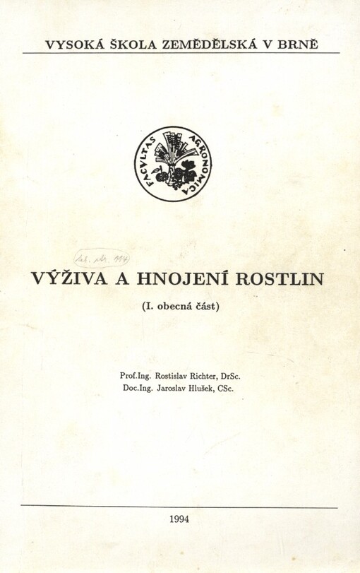 Výživa a hnojení rostlin. 1, Obecná část