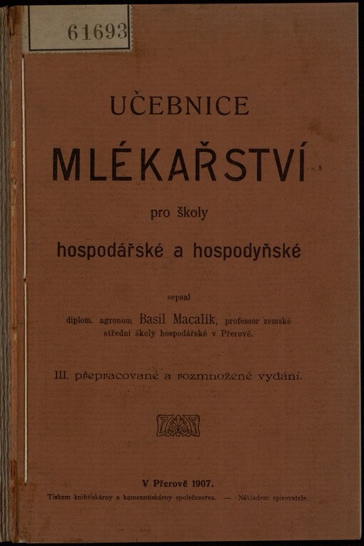 Učebnice mlékařství pro školy hospodářské a hospodyňské