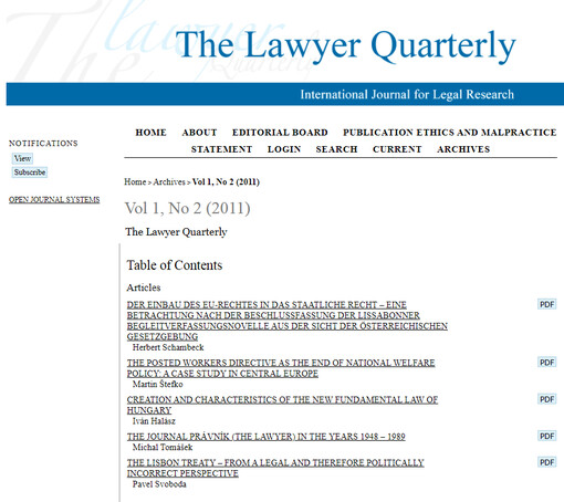 The lawyer quarterly : supplement to journal Právník no. 9/2011