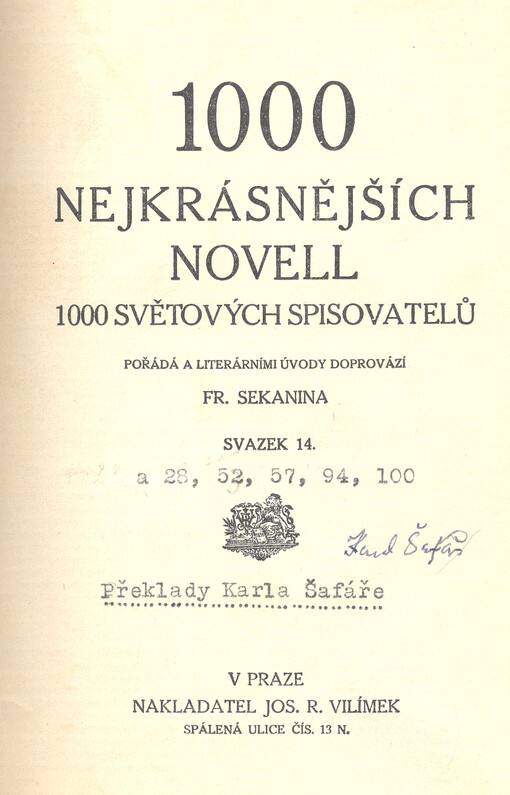 1000 nejkrásnějších novell 1000 světových spisovatelů. sv. 14, 28, 52, 57, 94, a 100