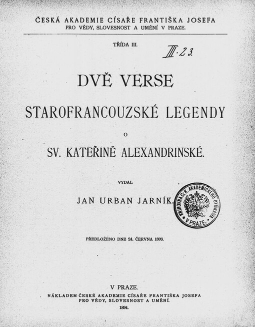 Dvě verse starofrancouzské legendy o sv. Kateřině Alexandrinské