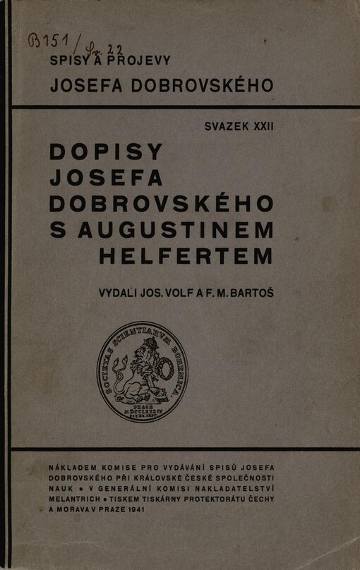 Dopisy Josefa Dobrovského s Augustinem Helfertem
