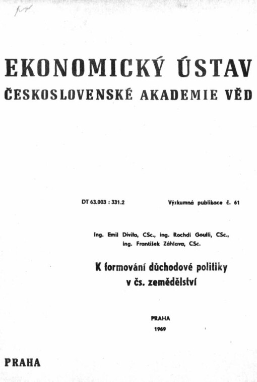 K formování důchodové politiky v čs. zemědělství