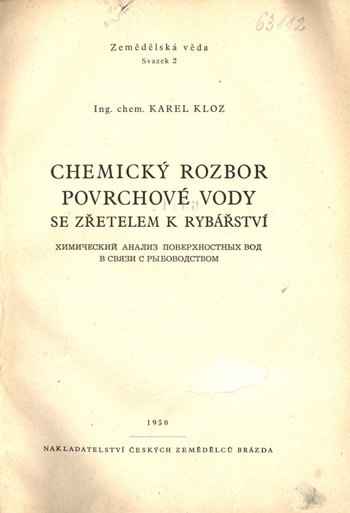 Chemický rozbor povrchové vody se zřetelem k rybářství = Chimičeskij analiz poverchnostnych vod v svjazi s rybovodstvom
