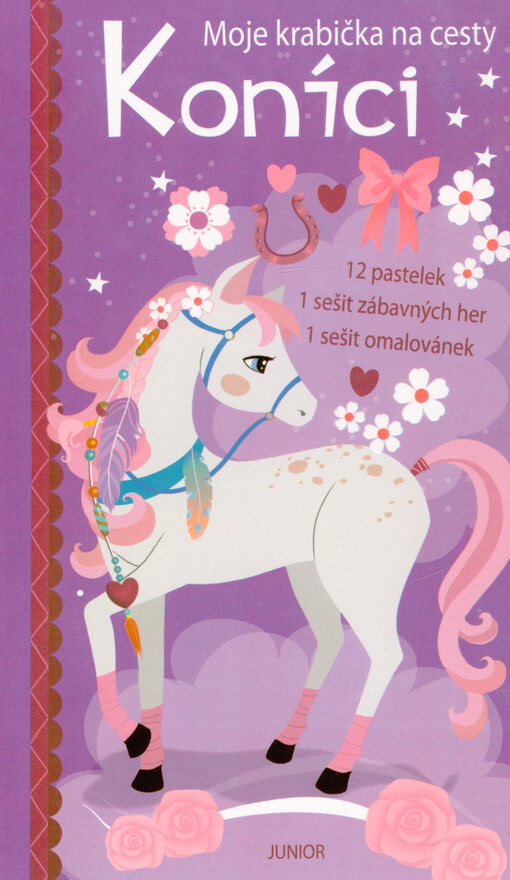 Moje krabička na cesty : 12 pastelek, 1 sešit zábavných her, 1 sešit omalovánek. Koníci