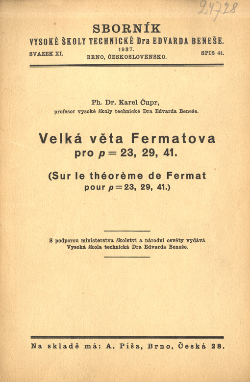 Velká věta Fermatova pro p=23,29,41. = (Sur le théorème de Fermat pour p=23,29,41.)