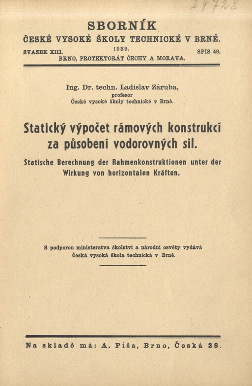 Statický výpočet rámových konstrukcí za působení vodorovných sil = Statische Berechnung der Rahmenkonstruktionen unter der Wirkung von horizontalen Kräften